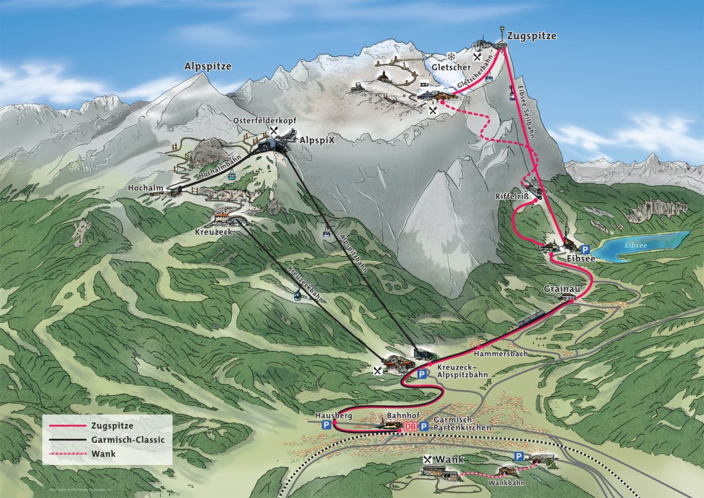 Map of Zugspitze, Garmisch-Classic and Mountain Wank routes offered by Zugspitze.de.