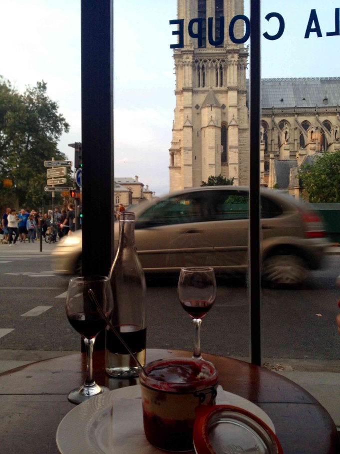 Red fruit Tiramisu and red wine with a view of the Notre-Dame in Paris: a.k.a. my reason for traveling.