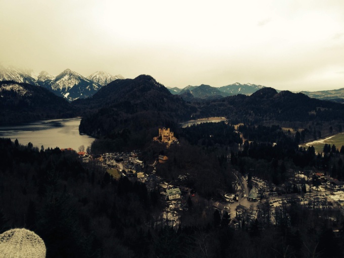 View from the hike up to Neuschwanstein Castle, Hohenschwangau Castle is in the distance.